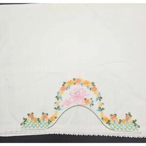 Vintage Hand Embroidered Girl & Floral Pillowcase - Unused Cottagecore Decor
